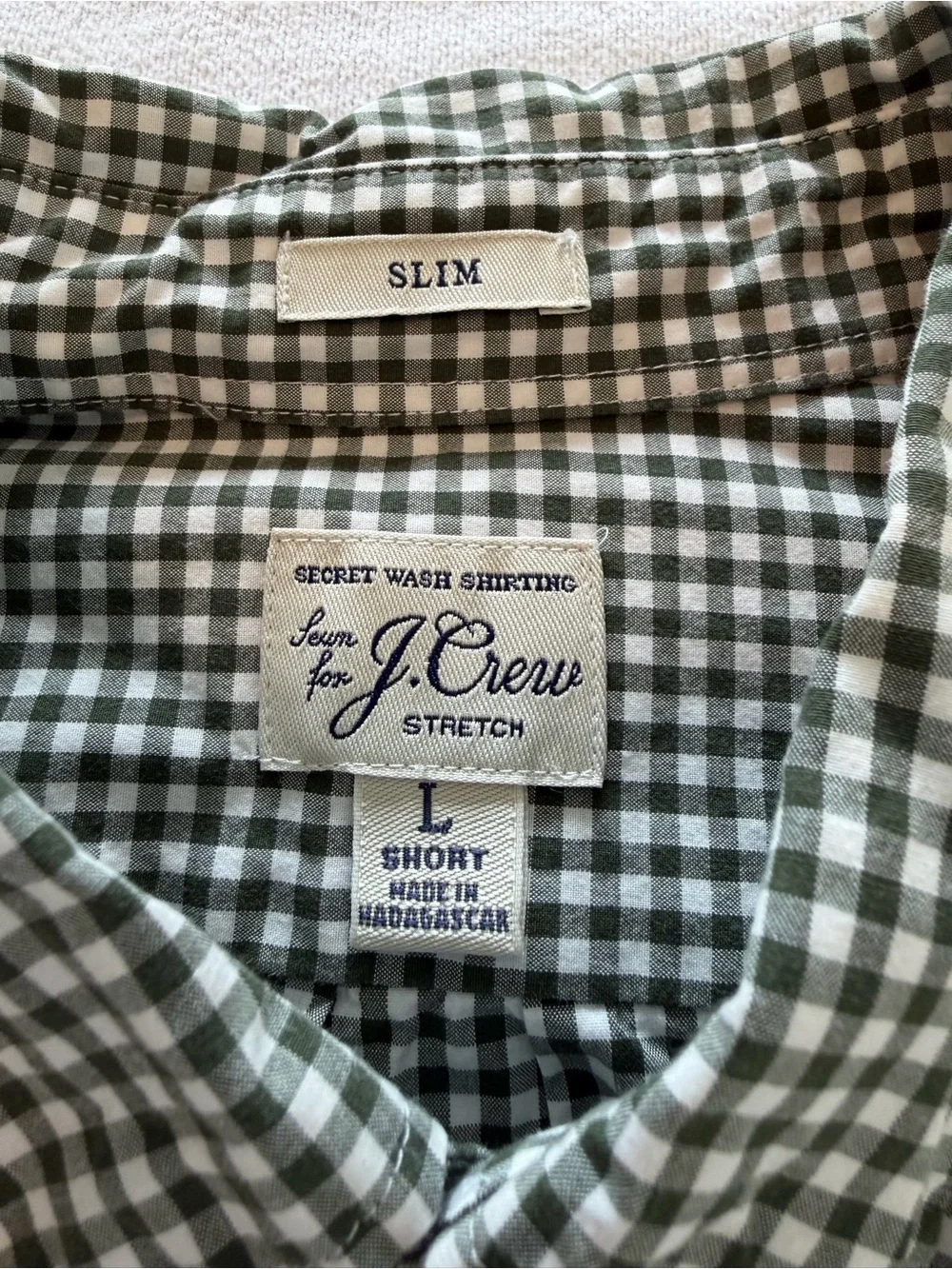 J.Crew Slim Fit Gingham Button Down Shirt Green White Check Large SHORT